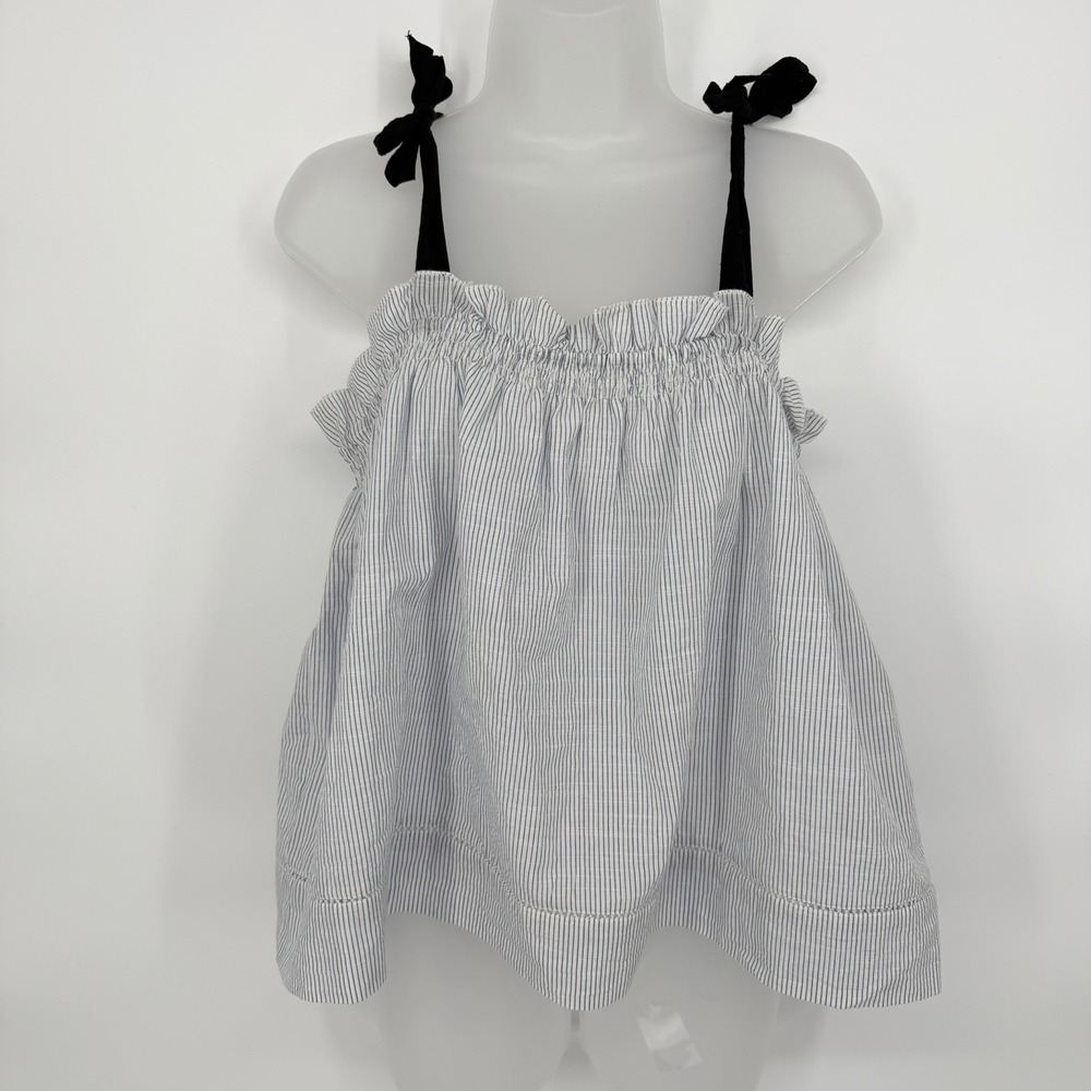 St. Roche Sz L 100% Cotton Striped Smocked Tank Top Adjustable Tie Straps Ruffle